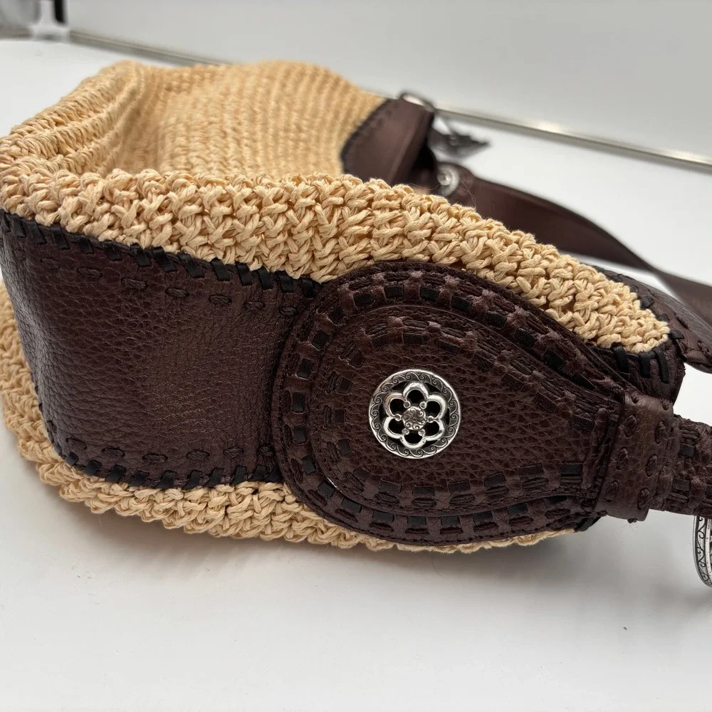 Brighton Woven Straw Leather Shoulder Bag Brown‎ Fringe Trim Boho Hobo